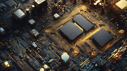 Highly detailed and close-up image of circuit and microchips. Generative AI