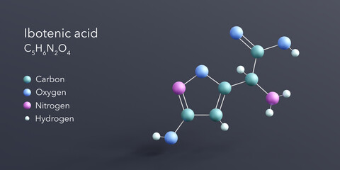 ibotenic acid molecule 3d rendering, flat molecular structure with chemical formula and atoms color coding