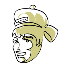 One line drawing of baseball cap turned backwards
One continuous line drawing of young boy with his baseball cap turned backwards