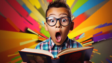 Engaging adventure tale captivates a wide-eyed young reader against a vibrant backdrop - an advert celebrating education and imagination