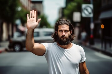 Fototapeta premium man with a beard and a white t-shirt is raising his hand in a stop sign