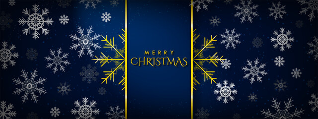 Obraz na płótnie Canvas 3D Merry Christmas Greeting Card Banner. Gold Snowflake and merry christmas text with floating 3d snowflakes on dark blue background. Vector Illustration. EPS 10.