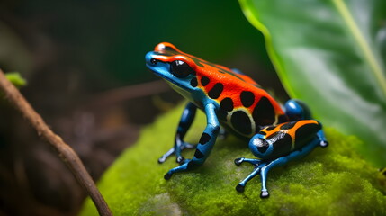 Fototapeta premium Dart Frog on a leaf Wild Animal - Generative AI