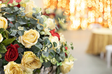Wedding flowers, bridal bouquet closeup. Decoration made of roses, peonies and decorative plants, close-up, selective focus, nobody, objects