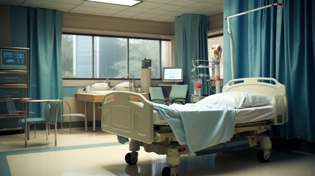 Empty hospital ward with medical equipment. Hospital room with beds and equipment. 3d rendering. Toned image. Interior of a modern hospital room. 3d render image.