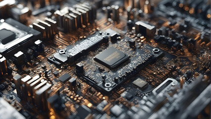 Detailed view of computer motherboard components. Generative AI