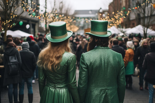 Vue de dos d'un couple habill&eacute; en vert pour la saint-patrick &raquo; IA g&eacute;n&eacute;rative