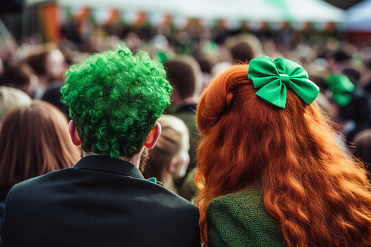 Vue de dos d'un couple d&eacute;guis&eacute; pour la f&ecirc;te de la saint-patrick &raquo; IA g&eacute;n&eacute;rative