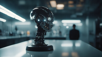 Digital illustration of a robot head in a laboratory. Artificial Intelligence. Generative AI