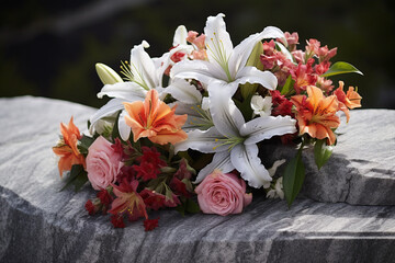 Bouquet de fleurs sur une ancienne tombe en marbre » IA générative