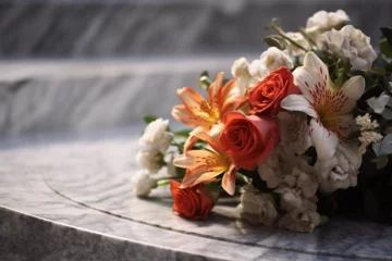 Fotobehang Bouquet de fleurs sur une pierre de marbre blanc » IA générative © Maelgoa