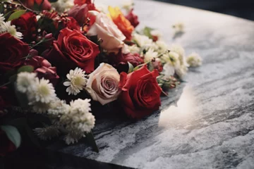 Fotobehang Bouquet de fleurs sur une tombe en marbre » IA générative © Maelgoa