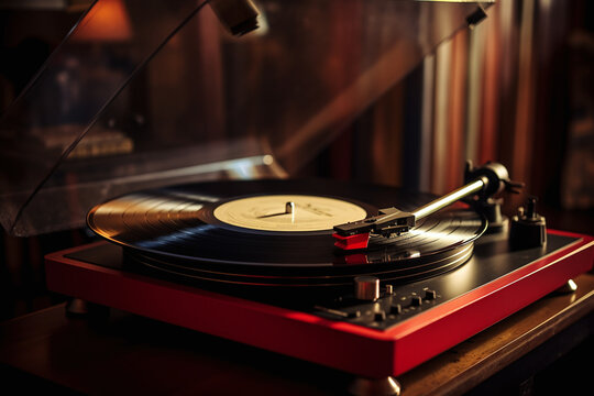 Tourne disque vintage rouge avec vinyle &raquo; IA g&eacute;n&eacute;rative