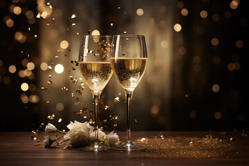Deux coupes de champagnes dans une ambiance de luxe et de paillettes » IA générative - obrazy, fototapety, plakaty