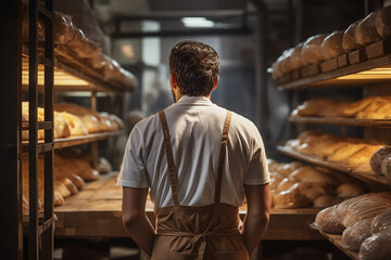 Fototapeta na wymiar Vue de dos d'un boulanger dans sa boulangerie » IA générative