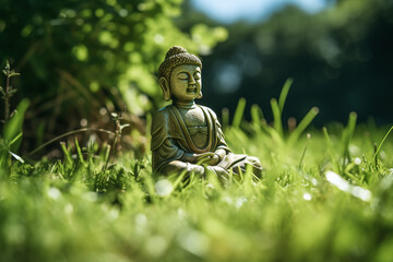Petite statuette de Bouddha perdue dans l'herbe » IA générative