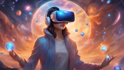Virtual reality headset transports woman to a whole new universe. Generative AI