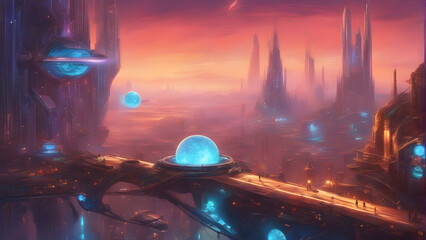 Futuristic Alien Cityscape with Glowing Skyscrapers in a Distant Galaxy. Generative AI