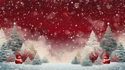 Fototapeten Winter landscape with  trees and snowflakes.  Red Christmas background banner, ai generative © mariof