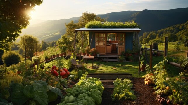 A small house in cafe style but full of happiness of nature, forest, mountains, white mist, there is a vegetable garden in front of the house.