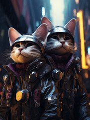 Cyberpunk Street Cat Gangs in Techwear on the Prowl of Futuristic Neon Lit City at Night Digital Art Download