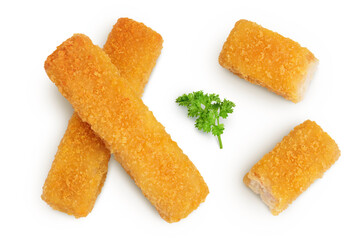 Fish finger or stick with parsley isolated on white background. Top view. Flat lay.