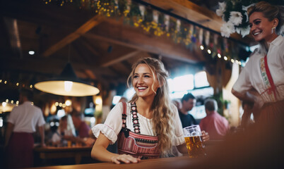 Oktoberfest, young woman smiling with beers