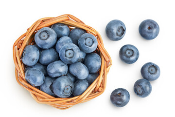 blueberry in wicker basket isolated on white background. Top view. Flat lay.