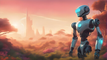 Robot exploring the advanced urban landscape of a futuristic city. Generative AI