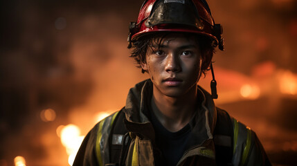 A determined young firefighter bravely battling flames and saving lives in the midst of a challenging emergency