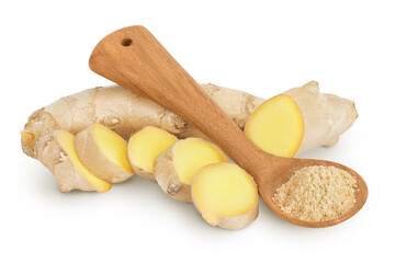 fresh ginger and ground ginger in wooden spoon spice isolated on white background