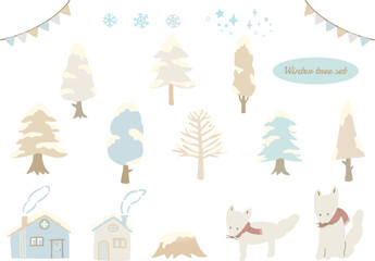 Trees and foxes with snowfall in white and beige colors, hand drawn vector illustration set / 白とベージュカラーの積雪のある木とキツネ、手描きのベクターイラストセット