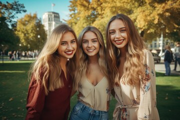 Obraz premium young university student girl friends enjoying sunny day in campus of university