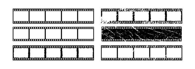Vintage style 35mm film strip set, retro film reel vector design with five frames on white background. Retro film reel collection to use in photography, television, cinema, photo frame.
