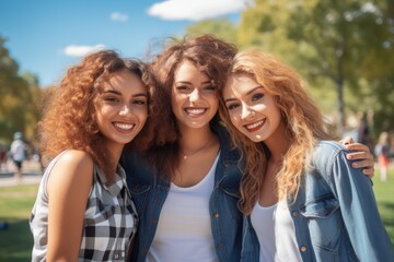 Obraz premium young university student girl friends enjoying sunny day in campus of university