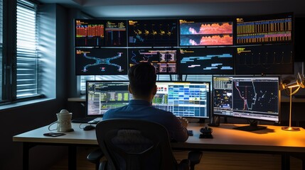 Naklejka premium A man is sitting in front of many computer screens monitoring various data