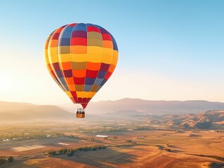 Fototapeta premium A hot air balloon floats above the ground in front of a blue sky background