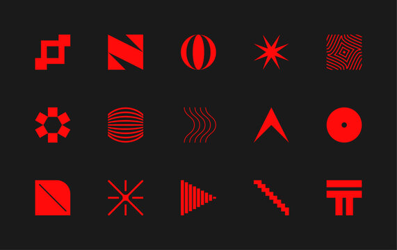 Vector set of different geometric shapes and symbols. Brutalist design icons and signs. Modernist logos.