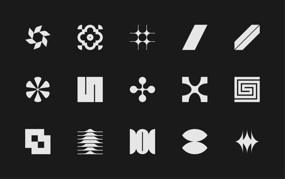 Vector set of different geometric shapes and symbols. Brutalist design icons and signs. Modernist logos.