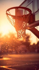 A basketball hoop at sunset