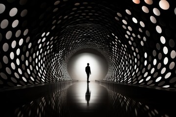 A man stands inside a black and white perspective tunnel - obrazy, fototapety, plakaty