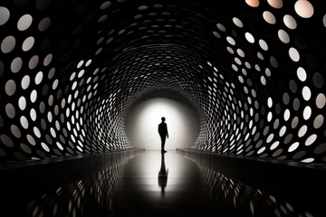Foto op Canvas A man stands inside a black and white perspective tunnel © evening_tao