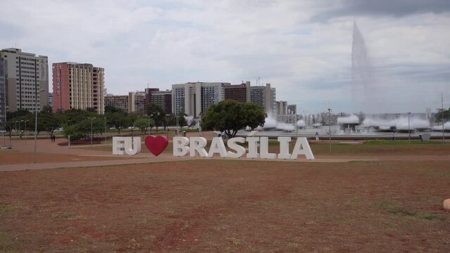 "Eu amo Brasilia" written in the city center of Brasilia capital of Brazil