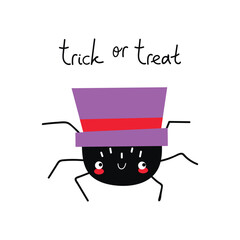 Cute cartoon Halloween little spider in a hat. vector illustration