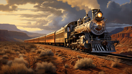 an old steam locomotive with wagons drives through a desert - obrazy, fototapety, plakaty