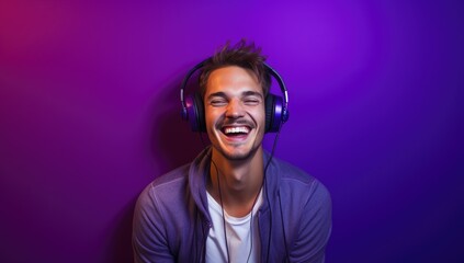 Modern and cool american man listening music on headphones with smiley and happy attitude on trendy...