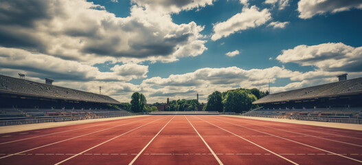 Obraz premium Athletics track and field with blue sky and white clouds. created by generative AI technology.