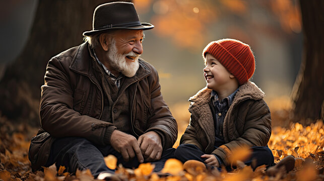 A grandpa sits with his grandson in a park on the ground in autumn with yellow and orange leaves around them