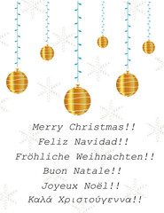 merry Christmas card illustration in multiple languages