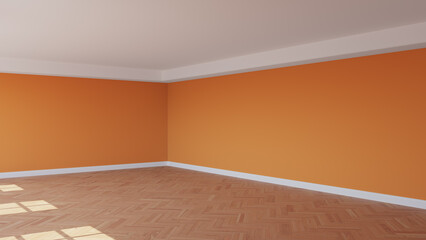 Corner of the Sunlit Room with Orange Walls, a White Ceiling and Cornice, Glossy Herringbone Parquet Floor, and a White Plinth. Unfurnished Interior Concept. 3D render, 8K Ultra HD, 7680x4320, 300 dpi